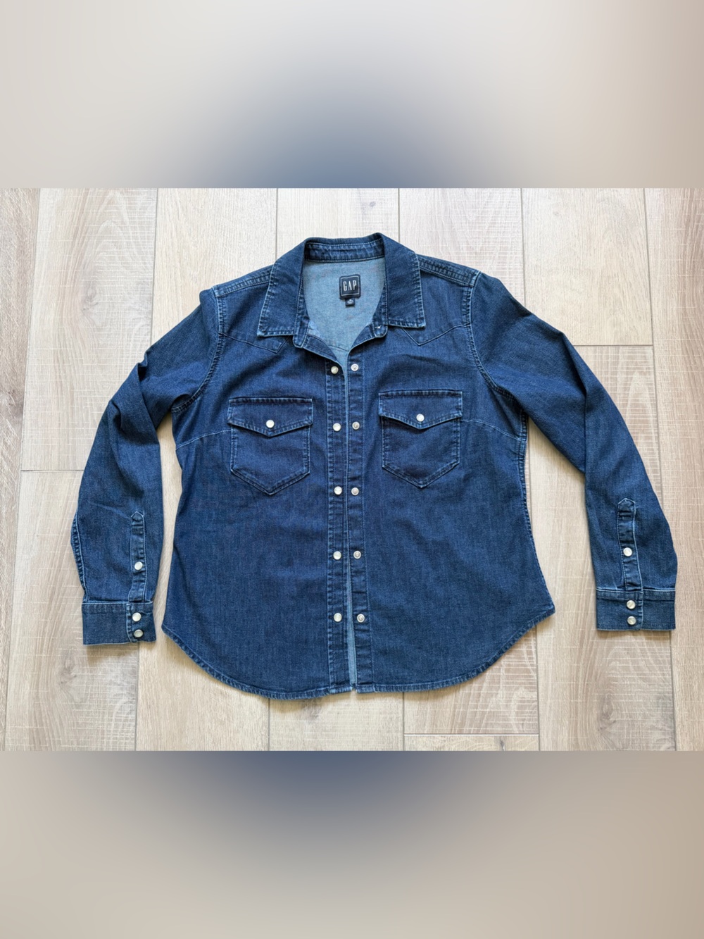 GAP Dark Blue Denim Long Sleeve Snap-Front Shirt Jacket Sz MP Cowgirl Western